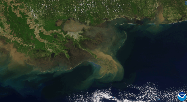 NOAA NESDIS animation of satellite images capturing heavy sediment runoff from the Mississippi River Delta Front in April 2025  