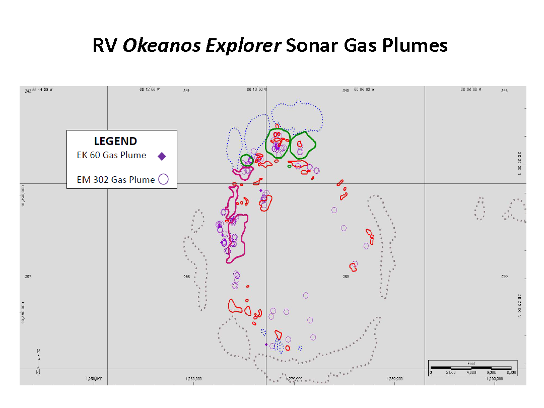 Map of BOEM seafloor seep anomalies confirmed by NOAA’s Okeanos Explorer, using EK60 single-beam sonar (points) and multibeam sonar (polygons). 
