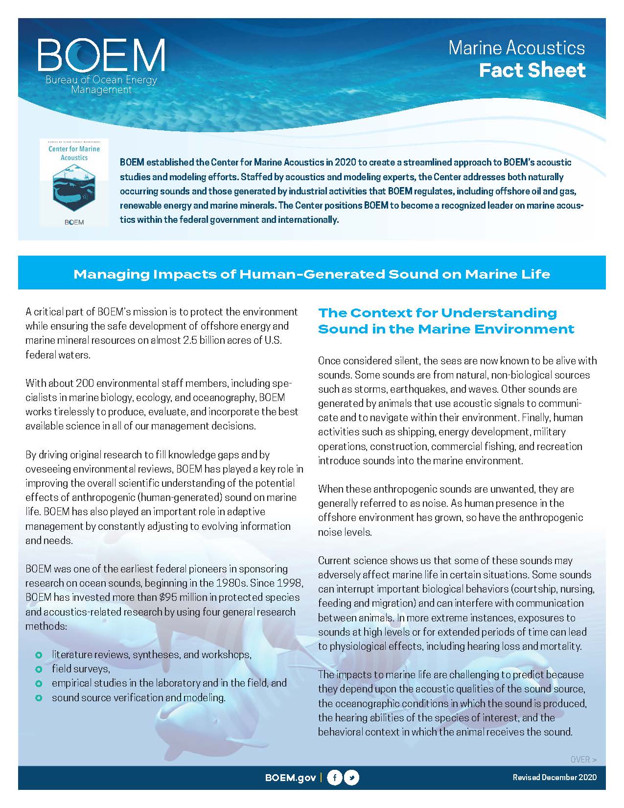 Managing Impacts of Human-generated Noise on Marine Life Fact Sheet