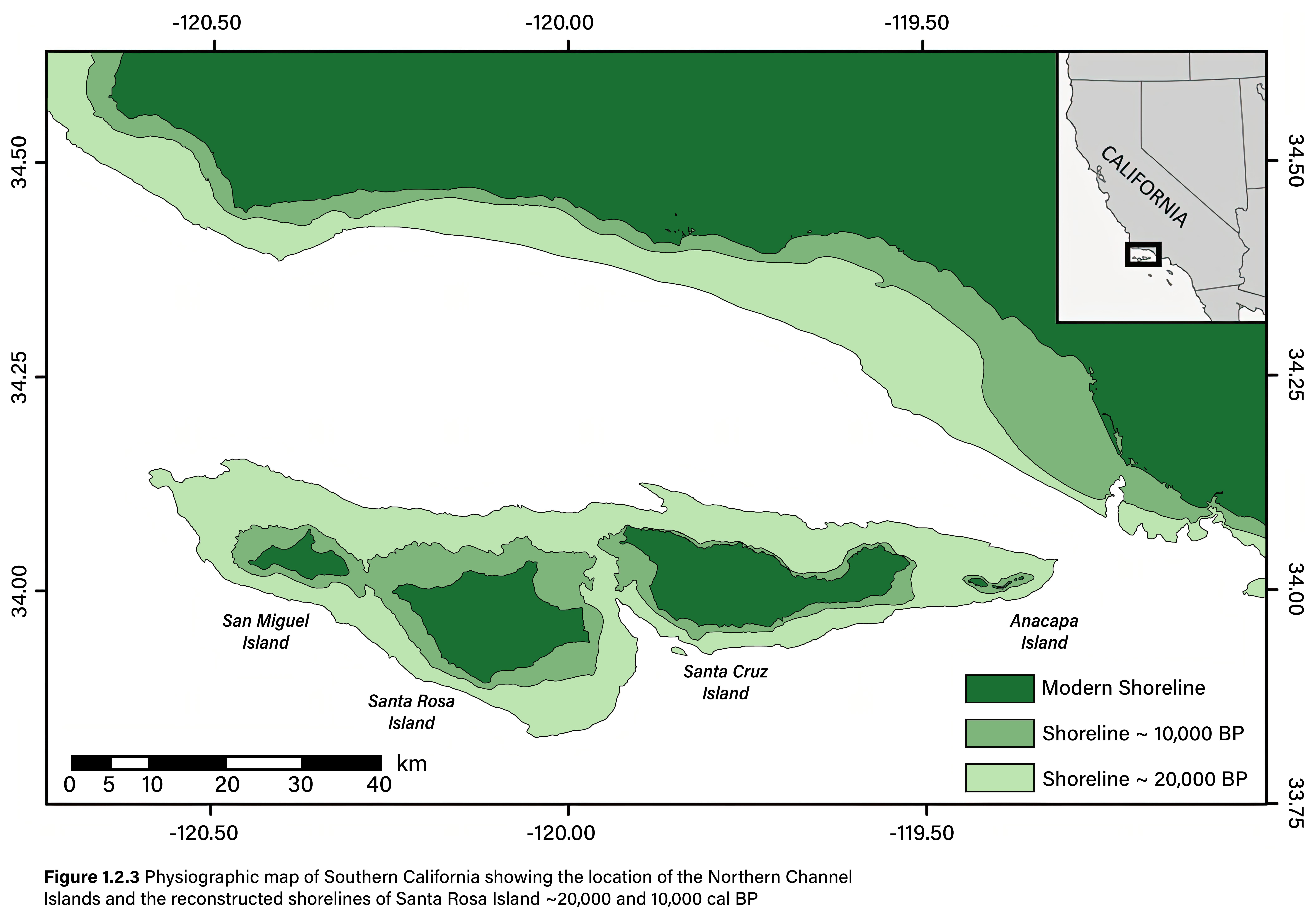 Line drawing of the Channel Islands and the shoreline with various outlines showing the shoreline of the past