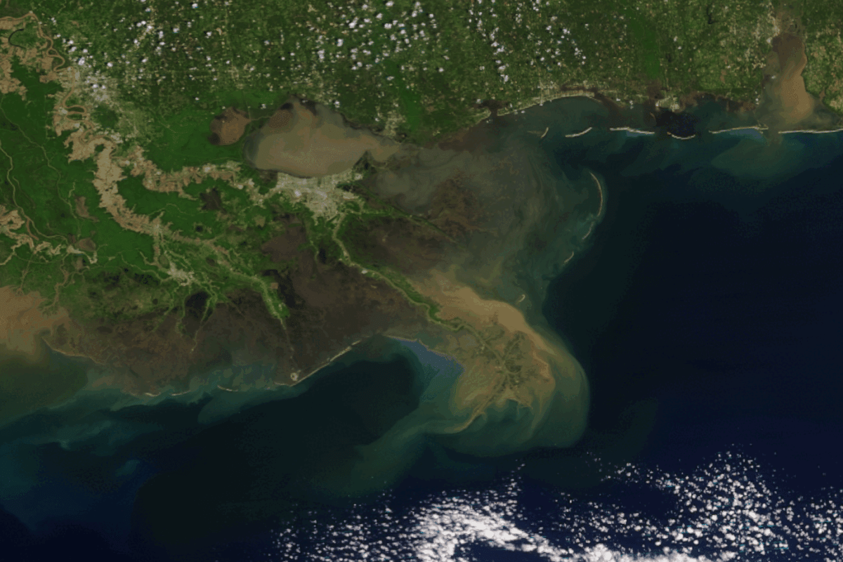 NOAA NESDIS animation of satellite images capturing heavy sediment runoff from the Mississippi River Delta Front in April 2025  