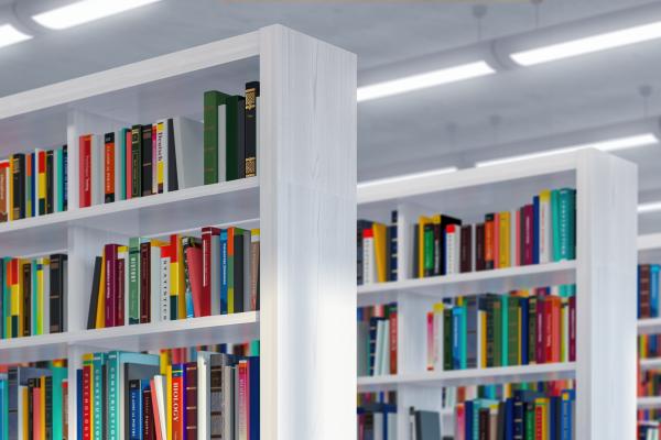 library with white bookshelves