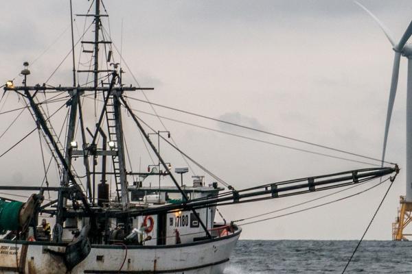 trawling ship near wind turbines