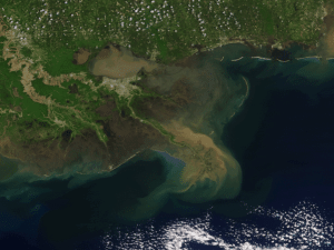 NOAA NESDIS animation of satellite images capturing heavy sediment runoff from the Mississippi River Delta Front in April 2025  