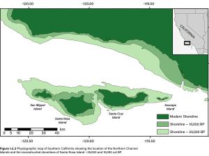Line drawing of the Channel Islands and the shoreline with various outlines showing the shoreline of the past