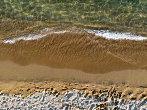 Aerial View of Sandy Beach and Ocean with Waves