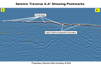Sub bottom seismic profile showing an example of the pockmarks anomaly.