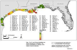 Example of combined probabilities that OSRA calculated of a hypothetical oil spill contacting coastal areas in the Gulf of Mexico