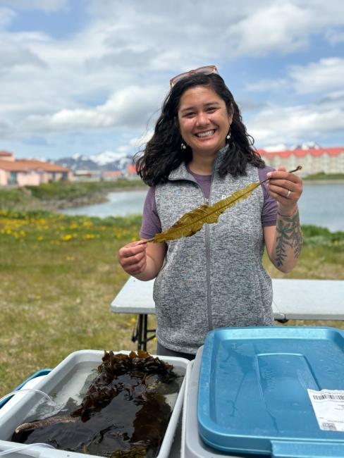 A woman stands near a seashore with a frond of kelp in her hands, and more kelp in containers on a table in front of her.
