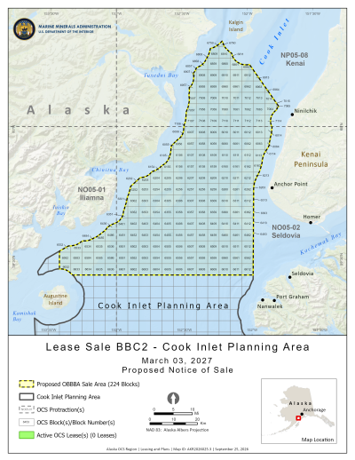A map of the Cook Inlet showing a grid of the sale area
