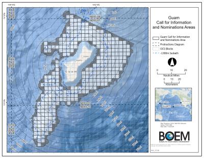 A map of the island of Guam, surrounded by a grid of squares in the OCS area of the island.