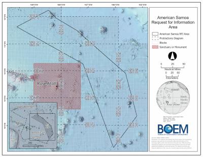 Screenshot of the map for the RFI area. It shows the location of American Samoa and an outline of the polygon area adjancent to the island.
