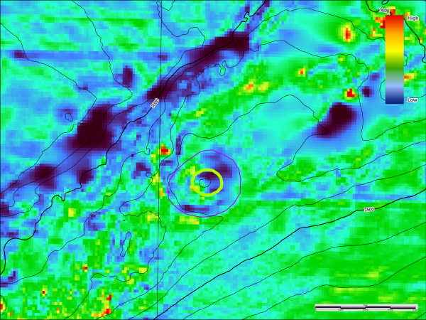 Imagery example of the pockmarks with mud volcanos inside
