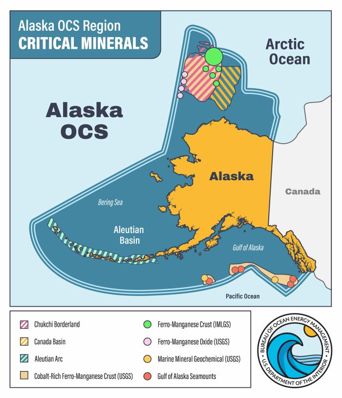 A map of the OCS around Alaska highlighting critical minerals in the far north, Aleutian Basin, and in the Gulf of Alaska