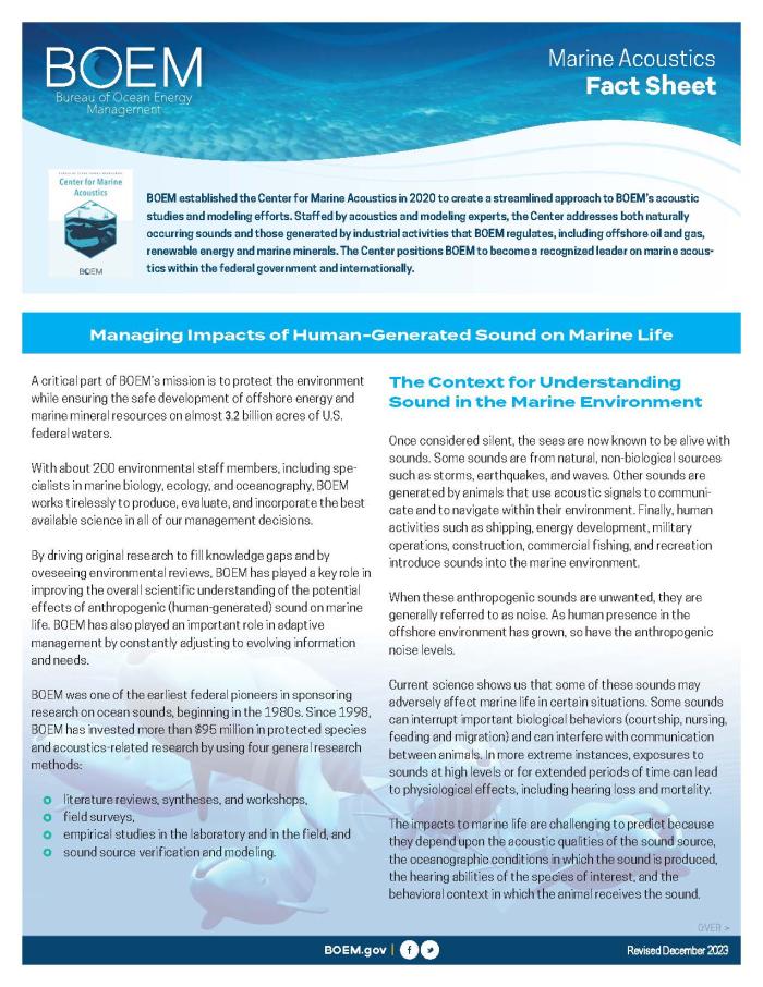 Marine Acoustic Managing Impact fact sheet cover page