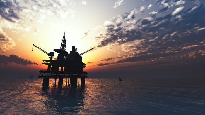 Oil drilling rig platform over water