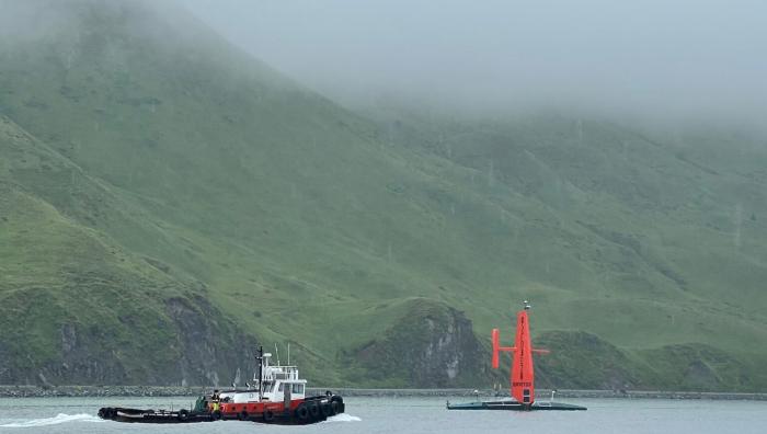 During its 2022 mission, the Saildrone Surveyor made two pit stops in Dutch Harbor, Alaska. Copyright 2023 SAILDRONE.