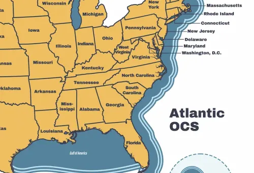 A line drawing of the Eastern continental US, highlighting the Atlantic shore and Atlantic OCS
