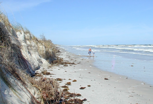 two people walking on the beach