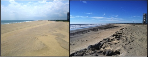 NASA Photos, left and right, showing the beach before and after Hurricane Sandy. Note the extensive erosion on South Wallops Island, looking south, post-storm