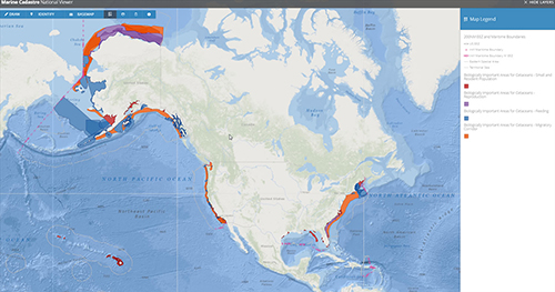 This map shows five of the 261 layers from the MarineCadastre.gov  -- Cetacean Biologically Important Areas for four different life history stages, plus maritime boundaries.  