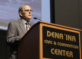 BOEM Supervisor David Johnston speaks at Alaska Cold Regions Oil Pipeline Conference; BOEM photo by Mike Haller 